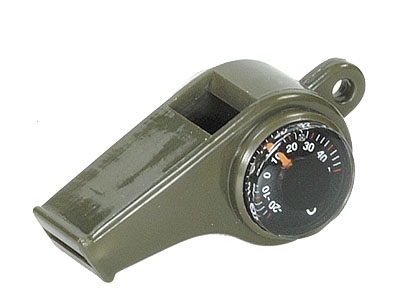 Signalpfeife Kst.Oliv m.Kompass/Thermometer/Kordel